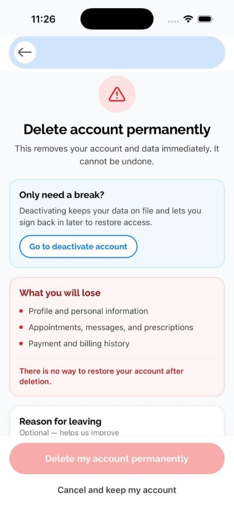 Delete account permanently screen listing what you will lose