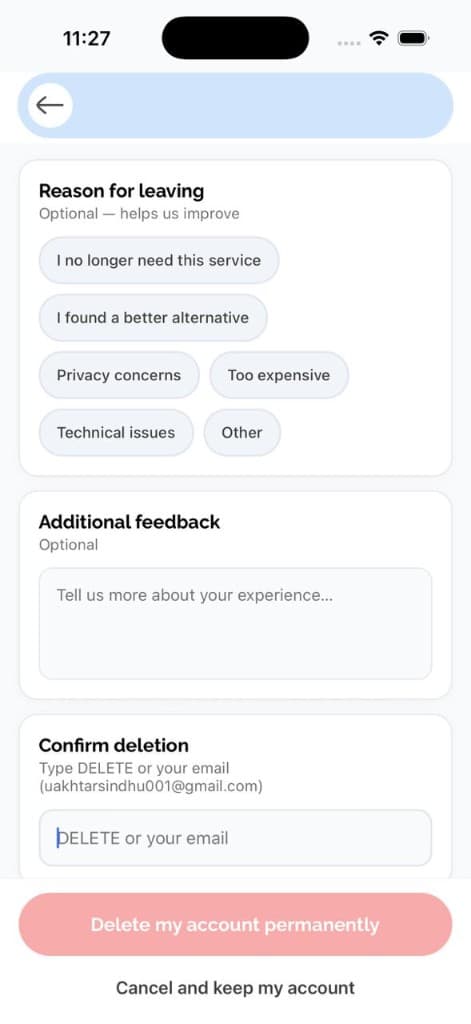 Delete account confirmation screen with reason and type-to-confirm field
