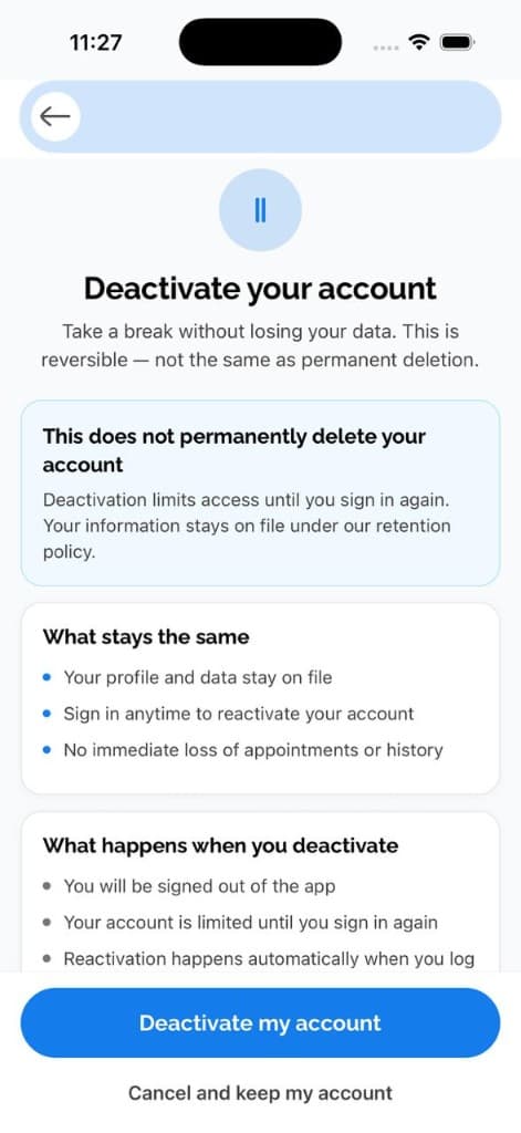 Deactivate your account screen explaining it is reversible