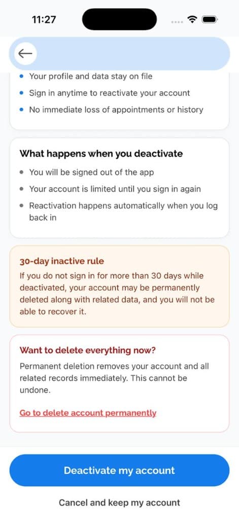 Deactivate screen showing the 30-day inactive rule and delete option