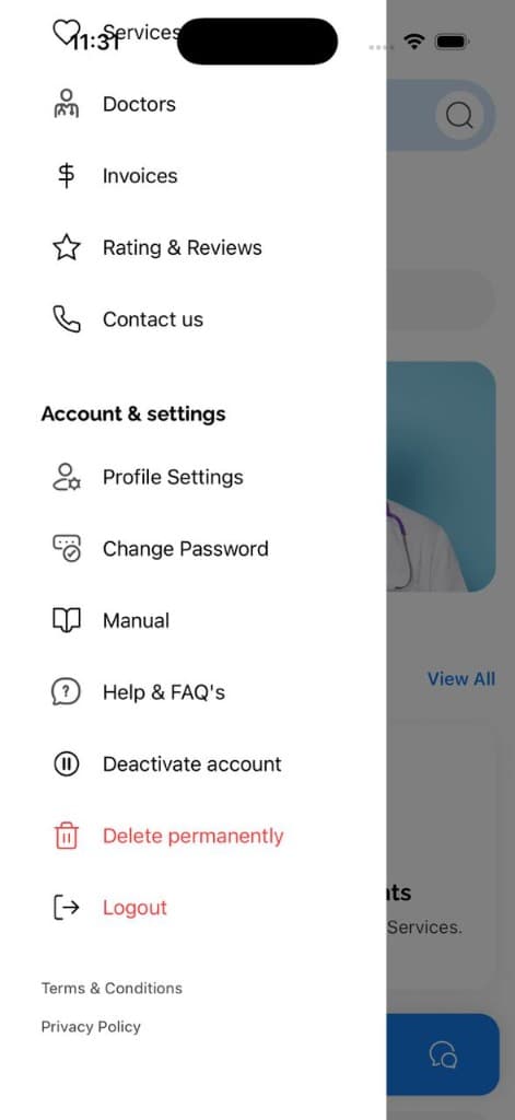 Side menu showing Deactivate account and Delete permanently options